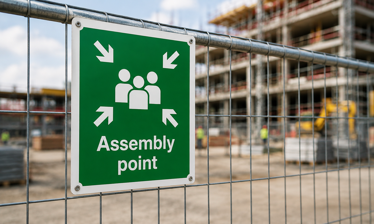 A green rectangular sign with white arrows and the words 'Assembly point' attached to a metal fence, with a blurred construction site in the background.
