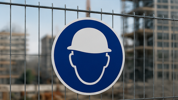 A circular blue and white safety sign featuring a hard hat icon, mounted on a metal fence.