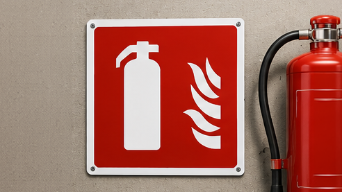 A red square fire safety sign with a white border, showing a white fire extinguisher icon on the left and a white flame icon on the right.