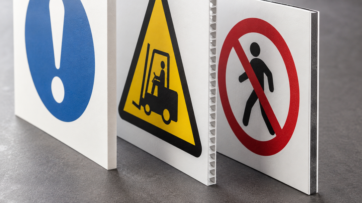 Three white safety sign panels on different materials standing upright on a grey surface, showing a blue exclamation mark, a yellow warning triangle with a forklift, and a red prohibition symbol over a walking figure.