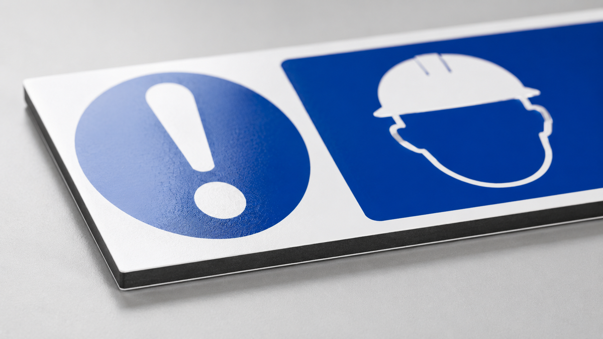 A close-up of a rectangular aluminium composite safety sign with a blue warning exclamation mark on the left and a blue square containing a white hard hat icon on the right, photographed on a light gray surface.