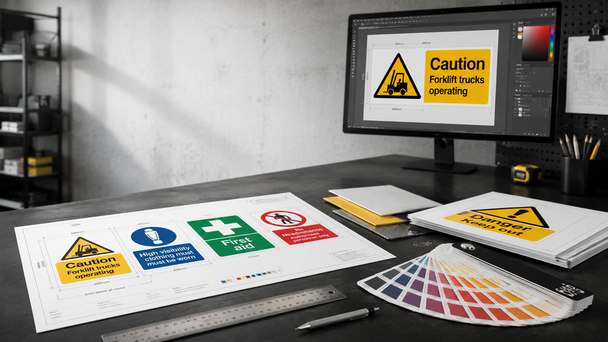 A styled workspace desk showing designs of safety sign sheets, a monitor displaying a caution sign, a color swatch fan, and tools, with a real interior background visible.