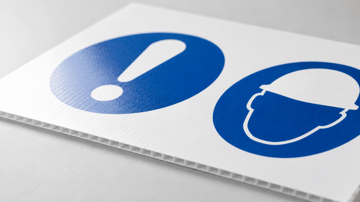A close-up of a white correx board printed with two blue safety icons: an exclamation mark and a hard hat with a face mask.