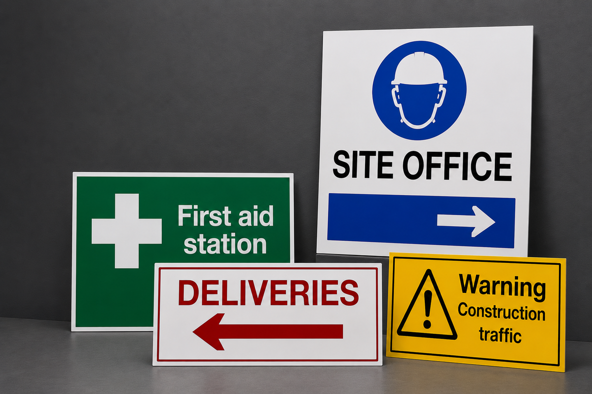 A set of safety and information signs displayed against a dark grey background. The signs include a green 'First aid station' sign with a white cross, a white 'SITE OFFICE' sign with a blue hard hat icon and arrow, a white 'DELIVERIES' sign with a red left-pointing arrow, a yellow 'Warning Construction traffic' sign, and a white sign with a blue circle and white arrow.