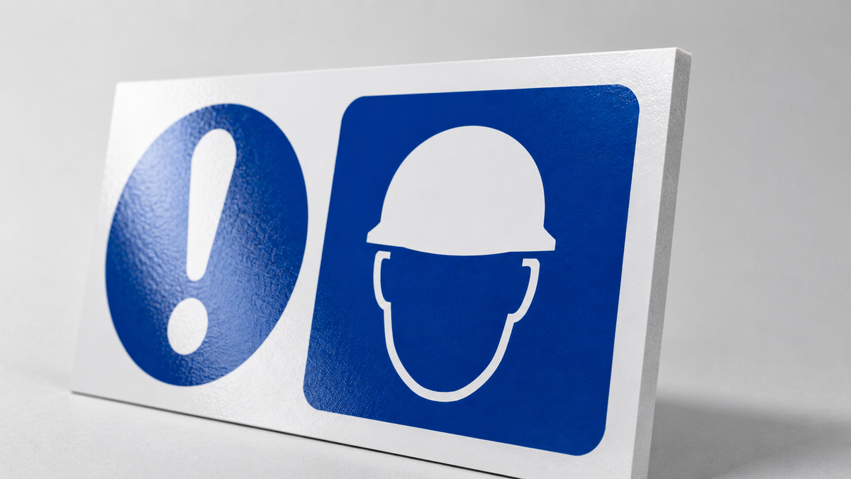 A square white foamex sign with blue safety symbols: a circular exclamation mark on the left and a hard hat icon on the right, photographed on a light gray background.