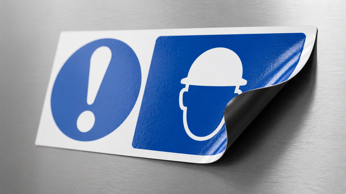 A rectangular warning magnetic sticker with a blue exclamation mark and a blue hard hat icon on a white backing, shown peeled back slightly on a grey metallic surface.