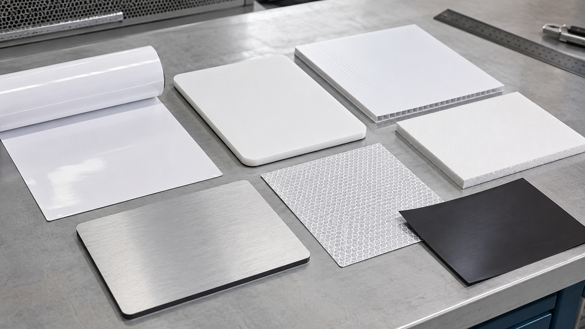 showing different material substrates, vinyl, foamex, dibond and correx