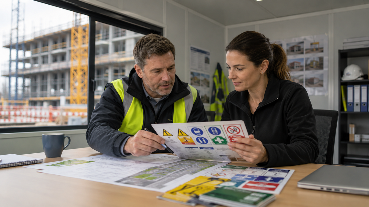 A man and a woman in an office setting look at a sheet of construction safety signs and manuals spread on a desk. The man wears a high-visibility yellow vest over a dark jacket, and the woman wears a black jacket.