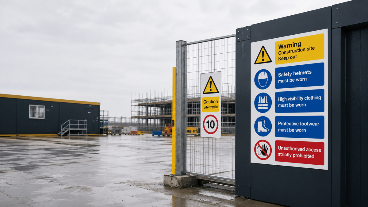 Construction site safety signs displayed on a dark gray metal gate next to a building under construction, with wet pavement in the foreground.