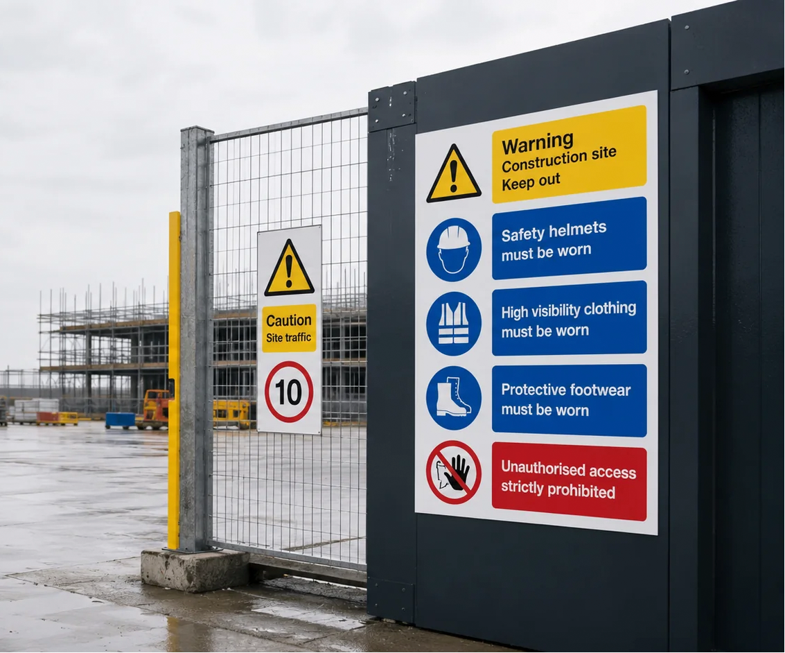 Construction site gate with safety signs, including helmet, high-visibility clothing, protective footwear, and no unauthorised access.
