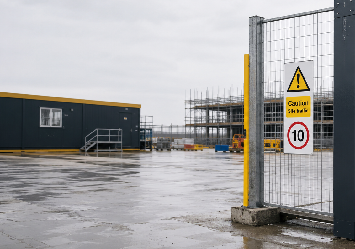 Vehicle management site safety sign displayed on a dark gray metal gate next to a building under construction, with wet pavement in the foreground.