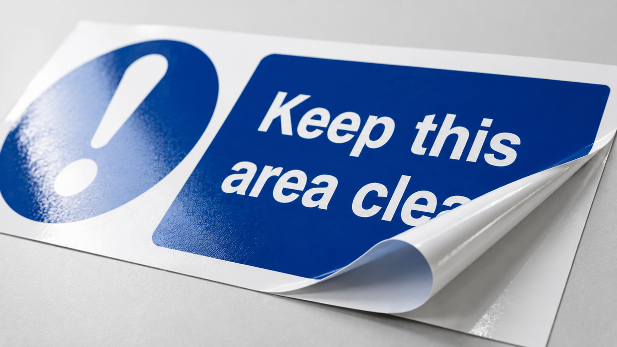 A close-up of a glossy blue and white self adhesive vinyl sticker with a large exclamation mark and the text 'Keep this area clear', shown peeling back from a white backing on a light gray surface.