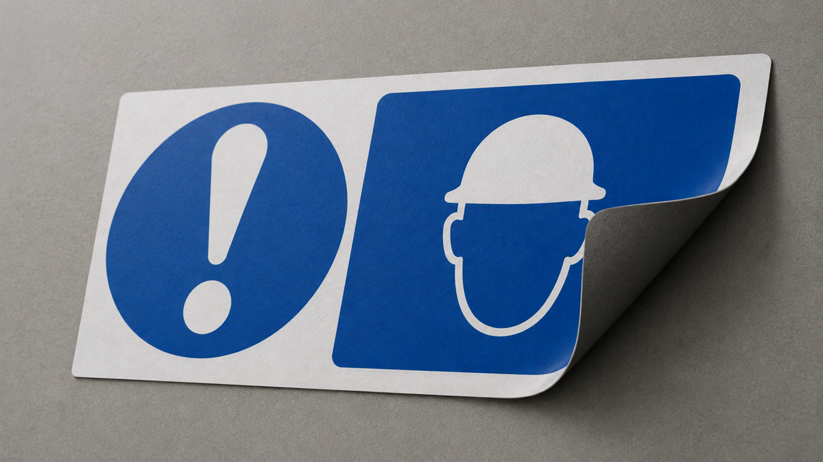 A rectangular warning sticker with a blue exclamation mark inside a blue circle and a blue square with a white hard hat icon, shown on a grey backed waterproof poster material.