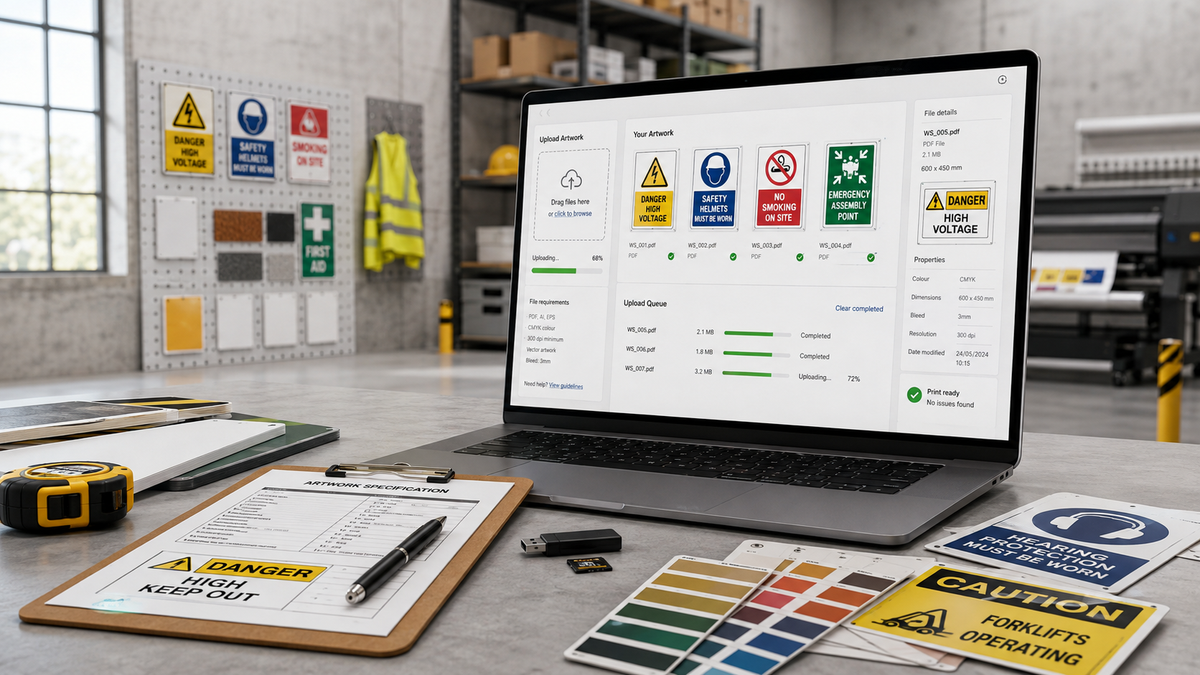A laptop on a workbench displays a digital safety sign generator and management dashboard. In the foreground, printed safety signs, a color swatch card, and a clipboard with a 'DANGER KEEP OUT' notice are arranged.